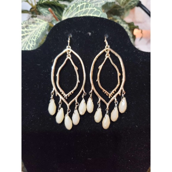 Fashionable Women's Gold & Dangle/Drop Cream Cascade Hoops Stylish Earrings - Picture 1 of 8